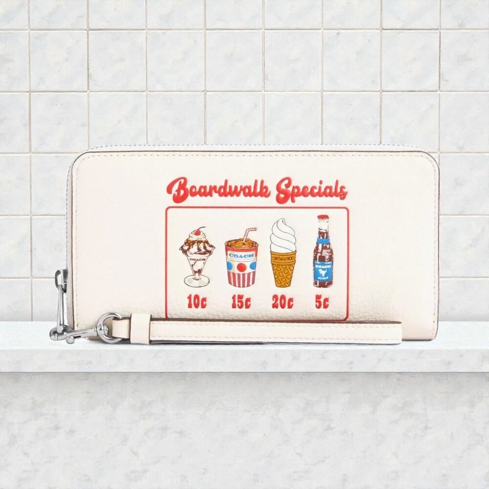 Coach Long Zip Around White Leather Wallet With Boardwalk Graphic CU382